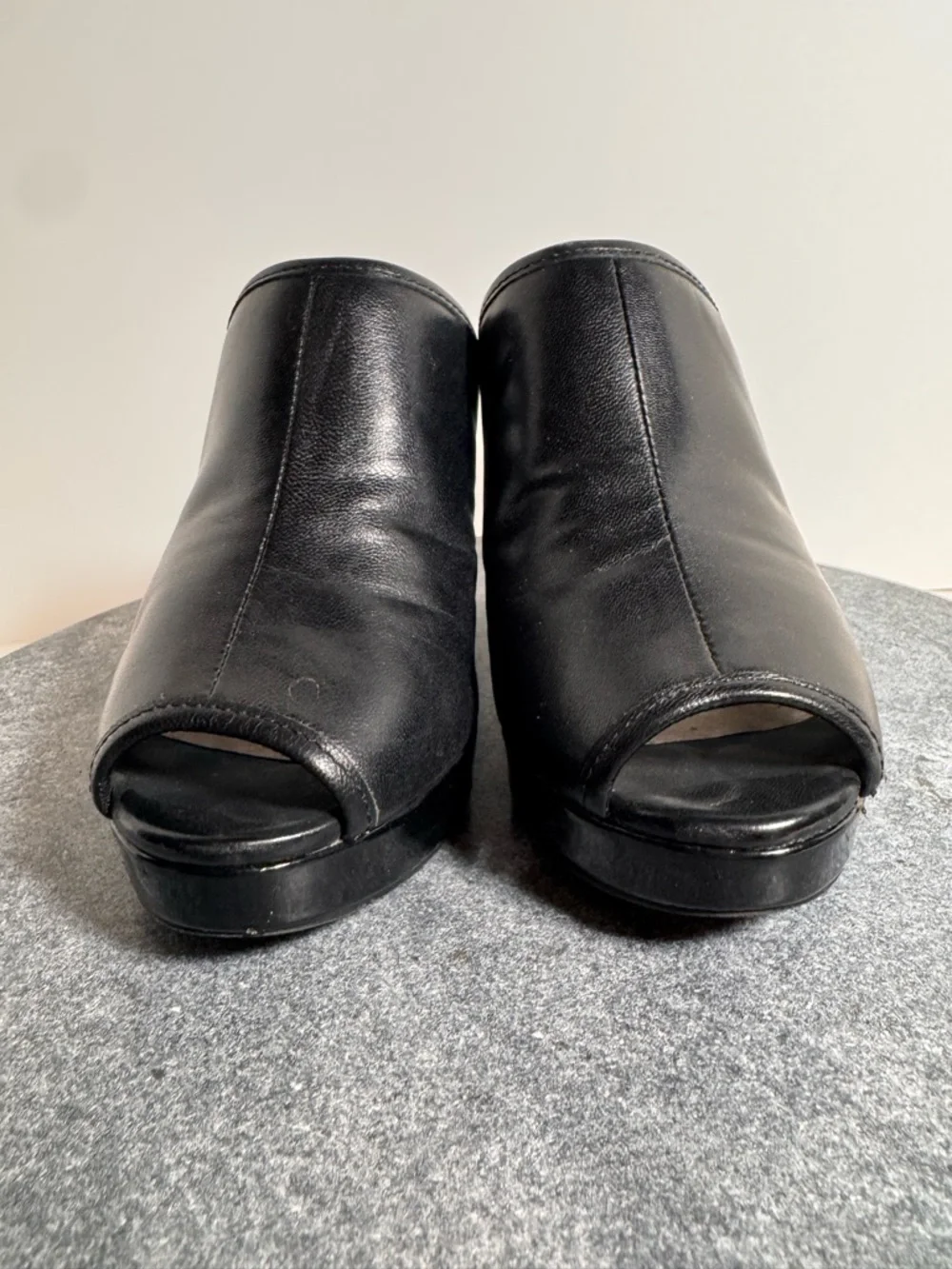 Vintage 90s Black Wedge Mules Heels 6